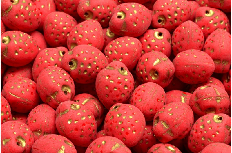 OUTLET 10 grams Strawberry Beads, 11 x 7 mm, Opaque Red Gold Lined Matte (93200-54302-84100), Glass, Czech Republic
