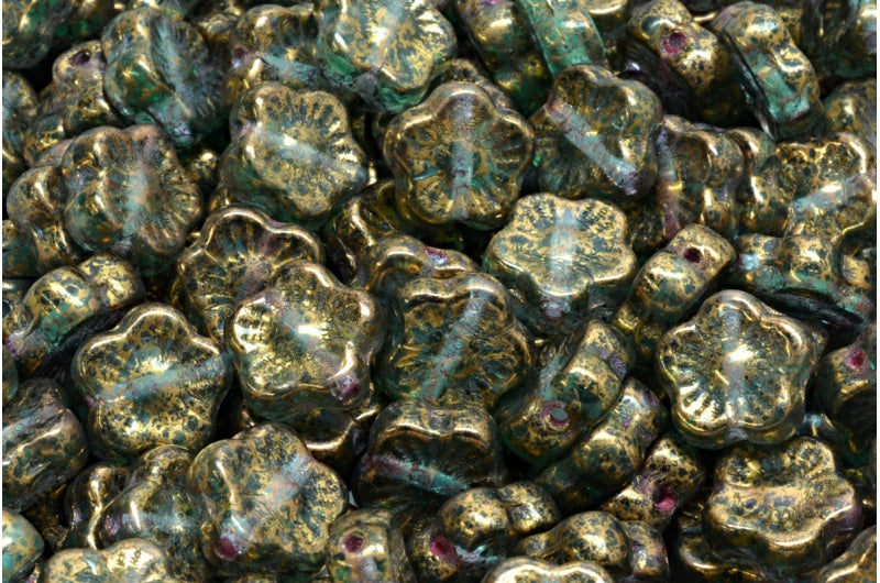 Sunset Flower Beads, Transparent Green Emerald Terracotta Violet (50700-15496), Glass, Czech Republic