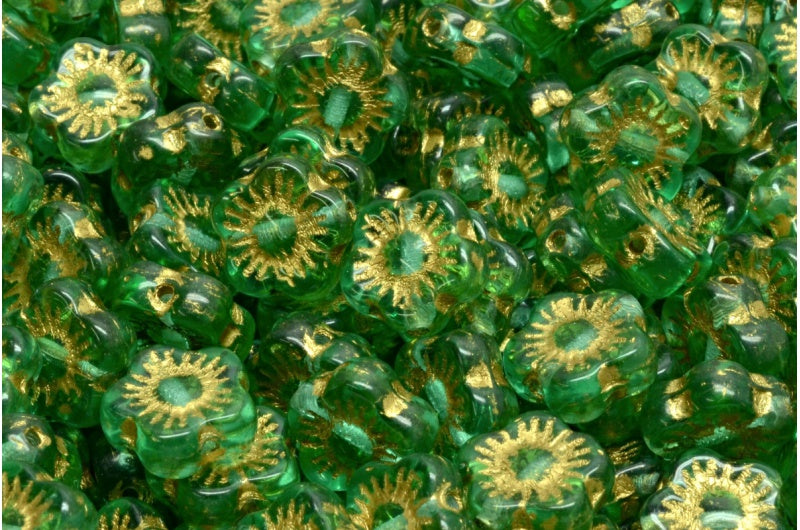 Sunset Flower Beads, Transparent Green Emerald Gold Lined (50700-54302), Glass, Czech Republic