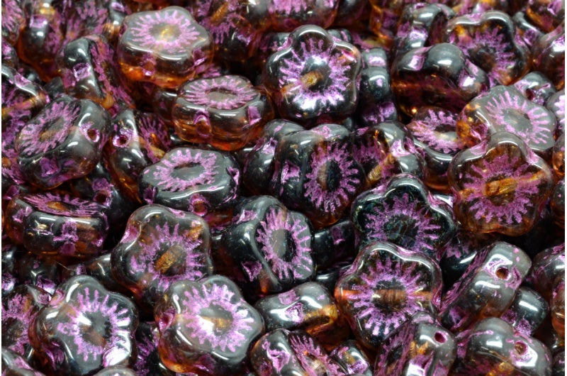 OUTLET 10 grams Sunset Flower Beads, 10 x 10 mm, R0239 Travertin Pink Lined (R0239-86800-43807), Glass, Czech Republic