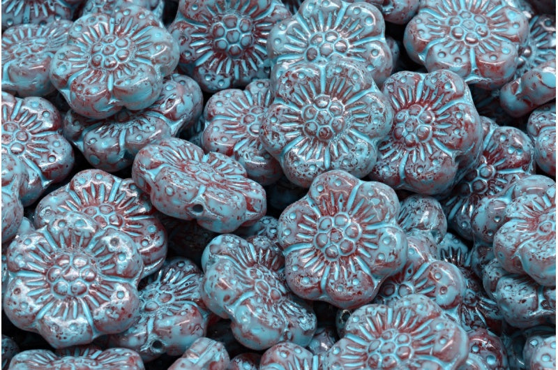 ボヘミアンフラワービーズ、R0932 ターコイズスポッテッド(R0932-33309)、ガラス、チェコ共和国