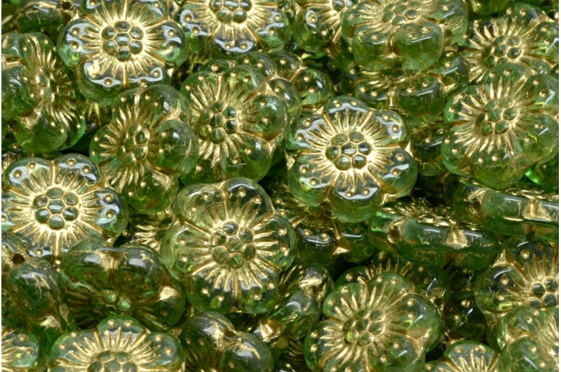Boho Flower Beads, Transparent Green Gold Lined (50520-54302), Glass, Czech Republic