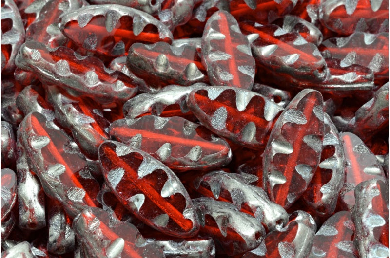 テーブルカットのシップデザインビーズ、ルビーレッドシルバースプラッシュ(90080-86790)、ガラス、チェコ共和国