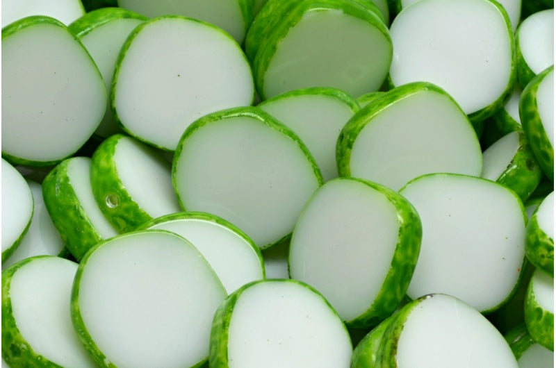 Table Cut 8 Edged Designed Beads, Gray Green Spotted (83500-33311), Glass, Czech Republic