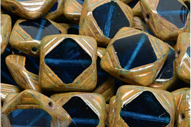 Table Cut Window Designed Beads, Transparent Aqua Travertin Orange Spotted (60080-86800-33302), Glass, Czech Republic