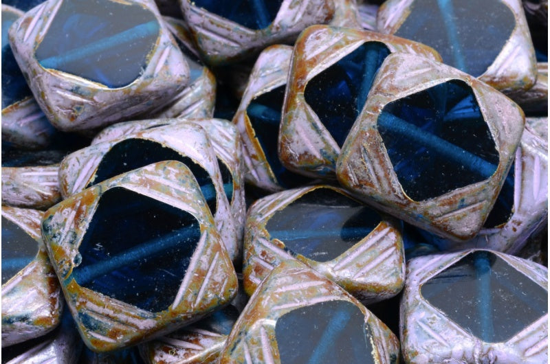 Table Cut Window Designed Beads, Transparent Aqua Travertin Cold Purple Spotted (60080-86800-33305), Glass, Czech Republic