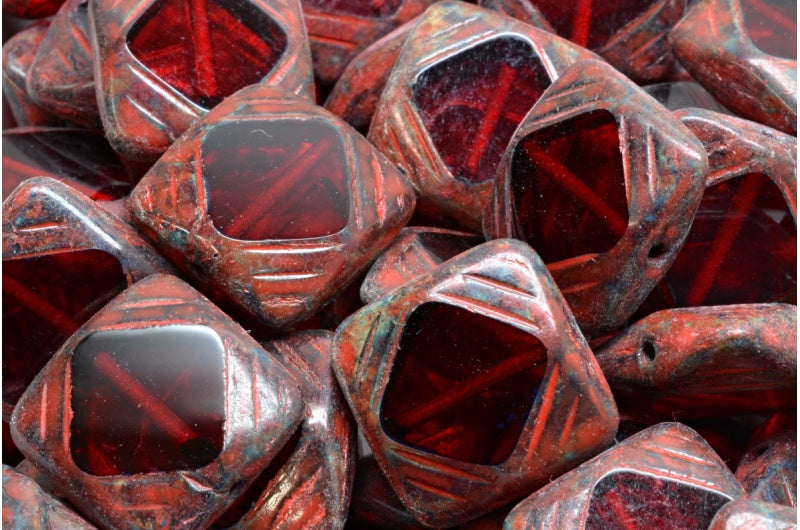 Table Cut Window Designed Beads, Ruby Red Travertin Beige Orange Spotted (90080-86800-33307), Glass, Czech Republic