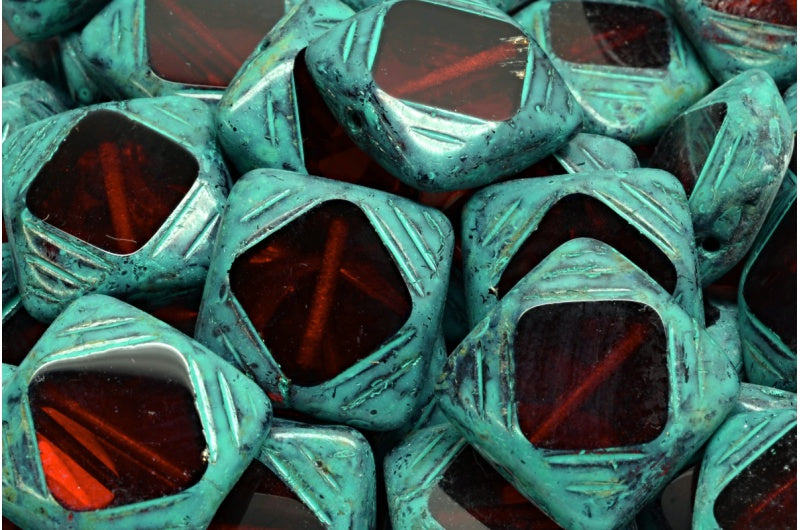 テーブルカットウィンドウデザインビーズ、ルビーレッドトラバーチンターコイズスポット(90080-86800-33310)、ガラス、チェコ共和国