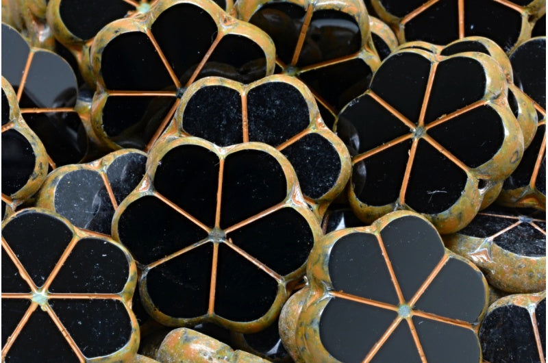 テーブルカットガーランドフラワービーズ、ブラックトラバーチンオレンジスポット(23980-86800-33302)、ガラス、チェコ共和国