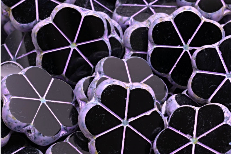 テーブルカットガーランドフラワービーズ、ブラックトラバーチンコールドパープルスポット(23980-86800-33305)、ガラス、チェコ共和国