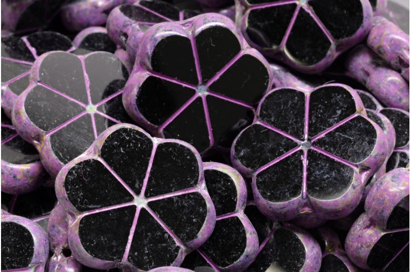 テーブルカットガーランドフラワービーズ、ブラックトラバーチンピンクスポット(23980-86800-33306)、ガラス、チェコ共和国