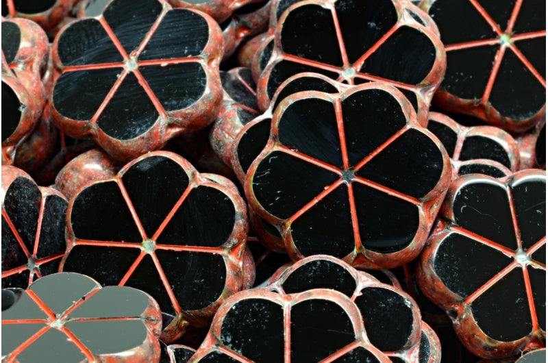 テーブルカットガーランドフラワービーズ、ブラックトラバーチンベージュオレンジスポット(23980-86800-33307)、ガラス、チェコ共和国