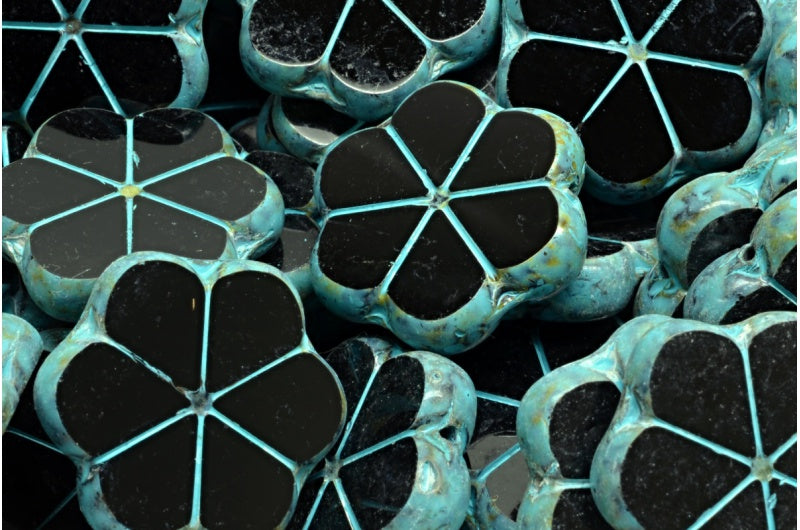 テーブルカットガーランドフラワービーズ、ブラックトラバーチンターコイズスポット(23980-86800-33309)、ガラス、チェコ共和国