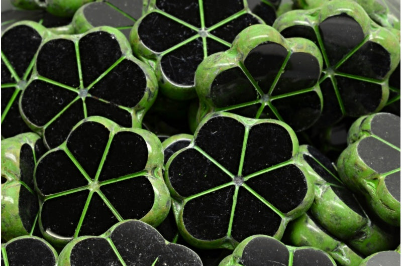 テーブルカットガーランドフラワービーズ、ブラックトラバーチングリーンスポット(23980-86800-33311)、ガラス、チェコ共和国