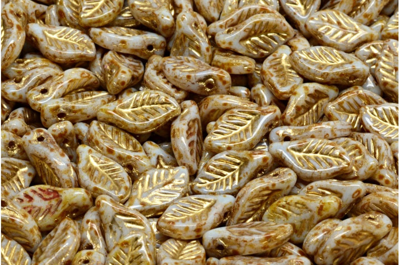 Bay Leaf Beads, White Travertin Gold Lined (02010-86800-54302), Glass, Czech Republic