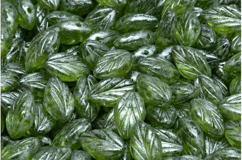 ブナの葉のビーズ、透明グリーンシルバーグレー(50220-34301)、ガラス、チェコ共和国