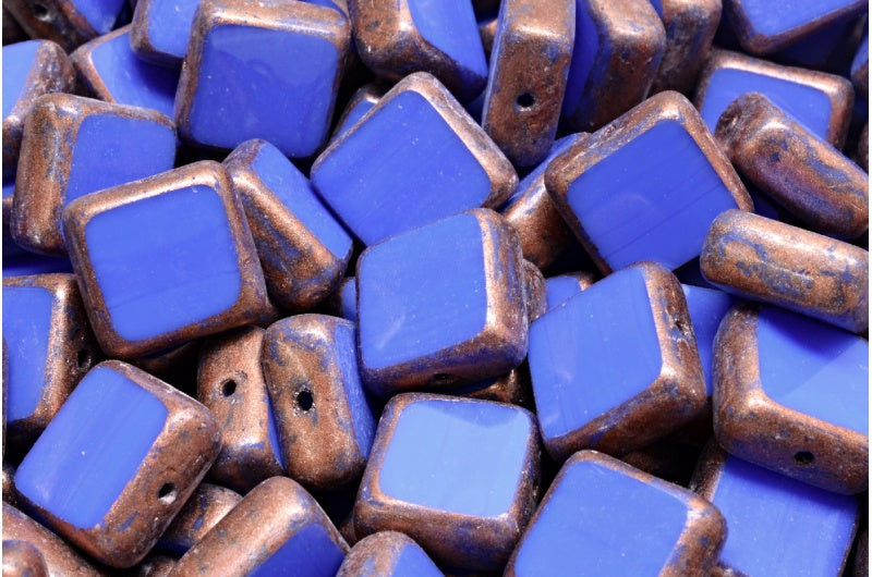 Table Cut Square Beads, Opaque Blue Copper Splash (33040-86750), Glass, Czech Republic