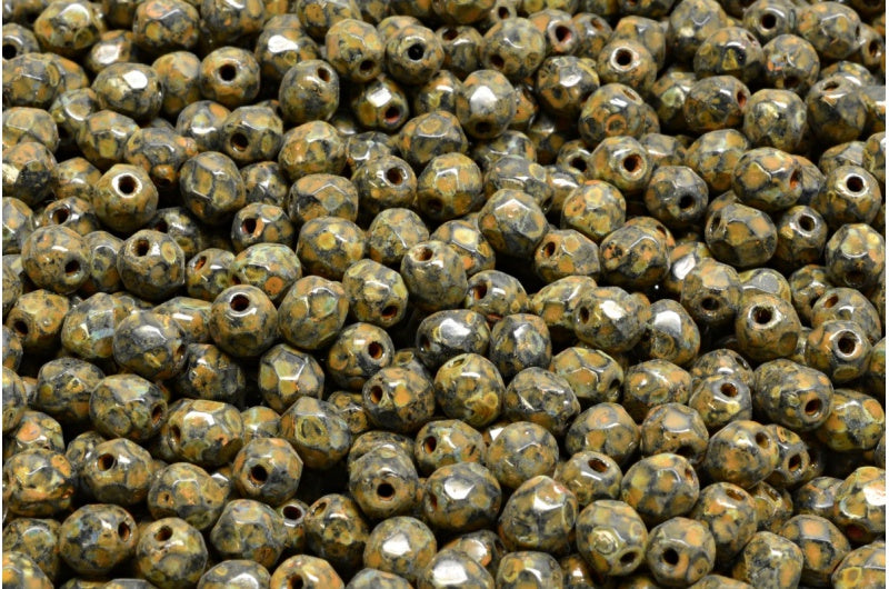 ファセット加工ラウンドファイアポリッシュビーズ、ブラックトラバーチンオレンジスポット(23980-86800-33302)、ガラス、チェコ共和国