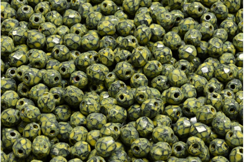 ファセット加工ラウンドファイアポリッシュビーズ、ブラックトラバーチンベージュイエロースポット(23980-86800-33303)、ガラス、チェコ共和国