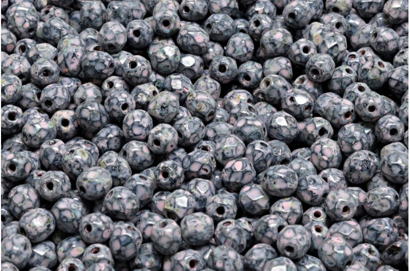 ファセット加工ラウンドファイアポリッシュビーズ、ブラックトラバーチンウォームパープルスポット(23980-86800-33304)、ガラス、チェコ共和国