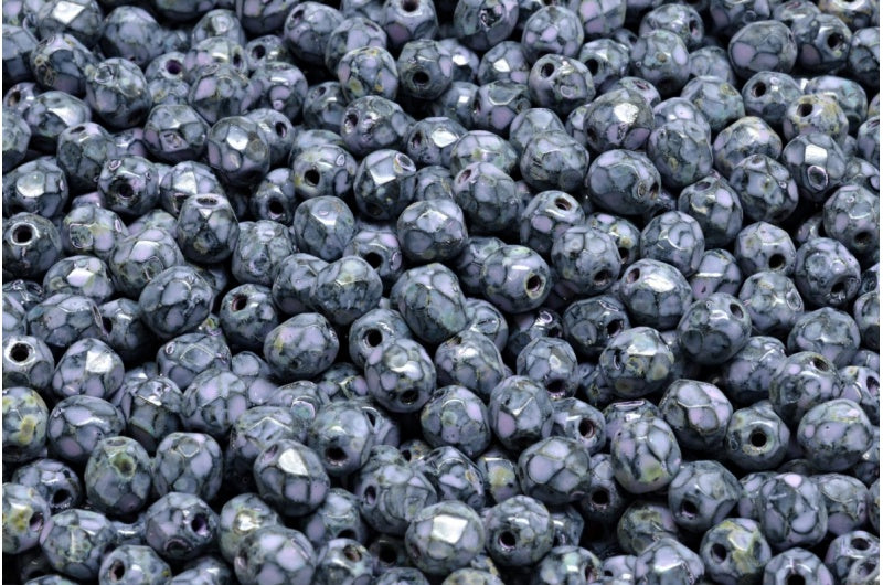 多面圆形火抛光珠,黑色石灰华冷紫色斑点 (23980-86800-33305),玻璃,捷克共和国