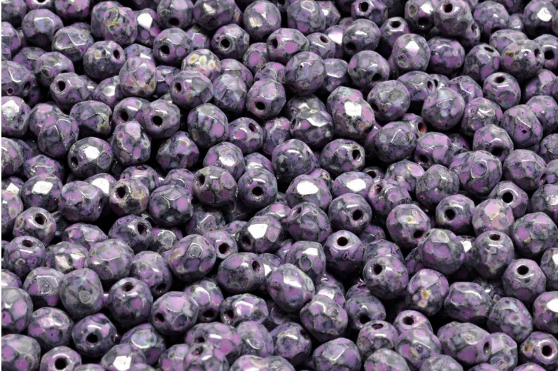 ファセット加工ラウンドファイアポリッシュビーズ、ブラックトラバーチンピンクスポット(23980-86800-33306)、ガラス、チェコ共和国