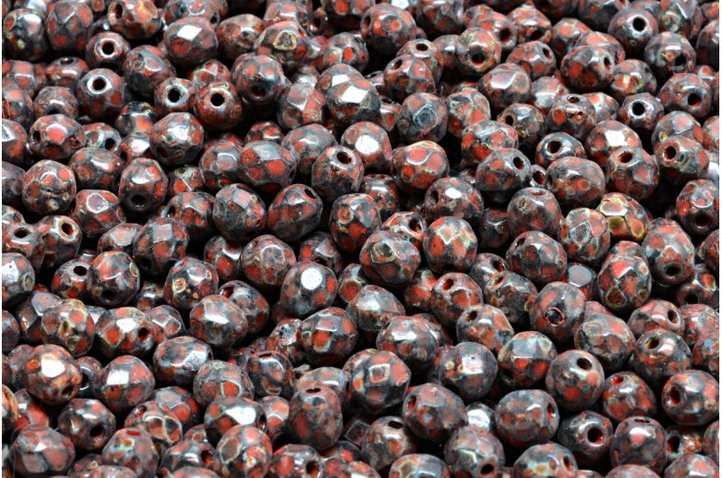 ファセット加工ラウンドファイアポリッシュビーズ、ブラックトラバーチンベージュオレンジスポット(23980-86800-33307)、ガラス、チェコ共和国