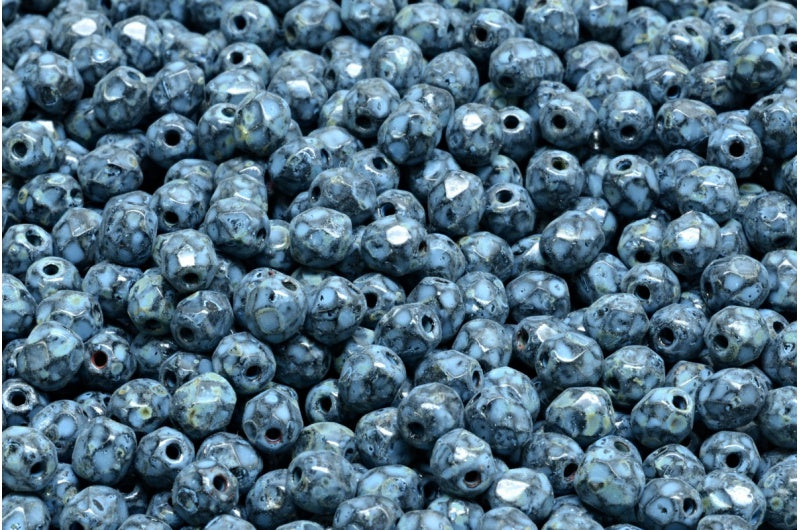 ファセット加工ラウンドファイアポリッシュビーズ、ブラックトラバーチンブルースポット(23980-86800-33308)、ガラス、チェコ共和国