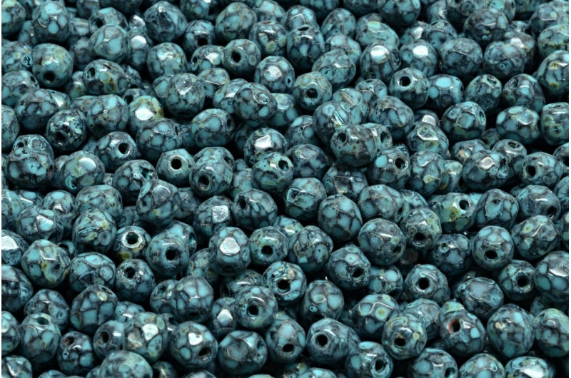 多面圆形火抛光珠,黑色石灰华绿松石斑点 (23980-86800-33309),玻璃,捷克共和国