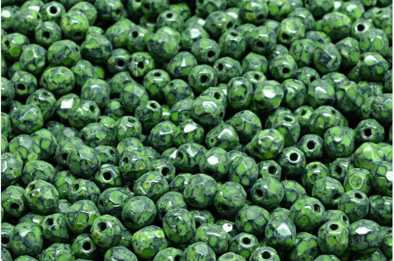 ファセット加工ラウンドファイアポリッシュビーズ、ブラックトラバーチングリーンスポット(23980-86800-33311)、ガラス、チェコ共和国