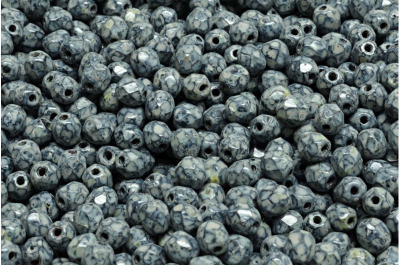 多面圆形火抛光珠,黑色石灰华米色斑点 (23980-86800-33312),玻璃,捷克共和国