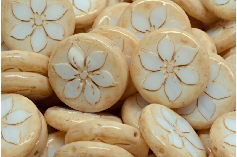 Table Cut Coin Flower Beads, Chalk White Beige Travertin Spotted (03000-33301), Glass, Czech Republic