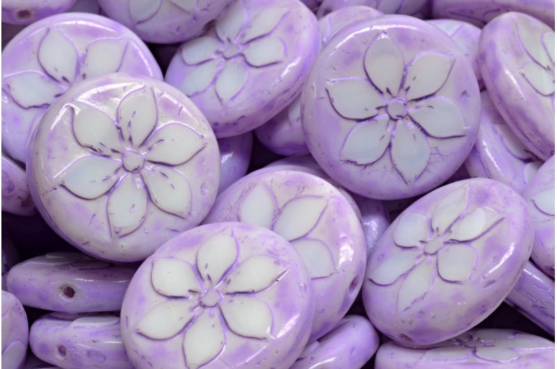 テーブルカットコインフラワービーズ、チョークホワイト、コールドパープルスポット(03000-33305)、ガラス、チェコ共和国