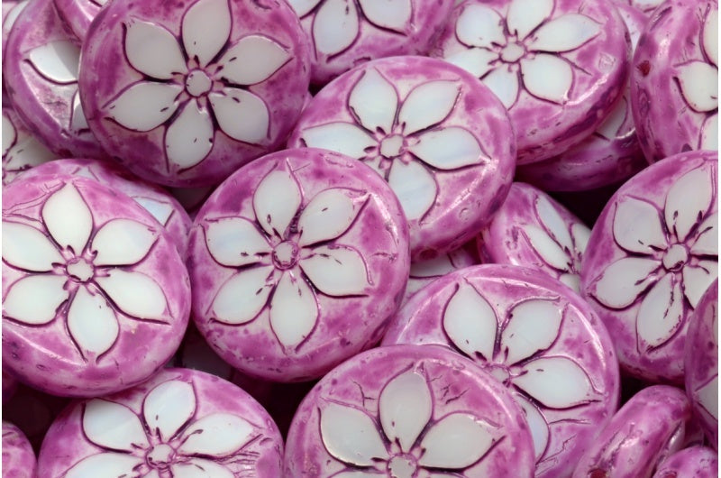 テーブルカットコインフラワービーズ、チョークホワイトピンクスポット(03000-33306)、ガラス、チェコ共和国