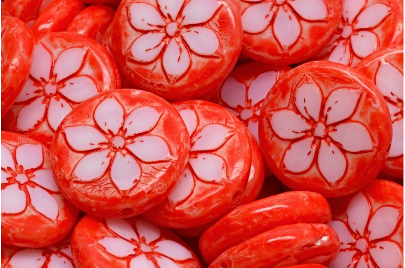 テーブルカットコインフラワービーズ、チョークホワイトベージュオレンジスポット(03000-33307)、ガラス、チェコ共和国