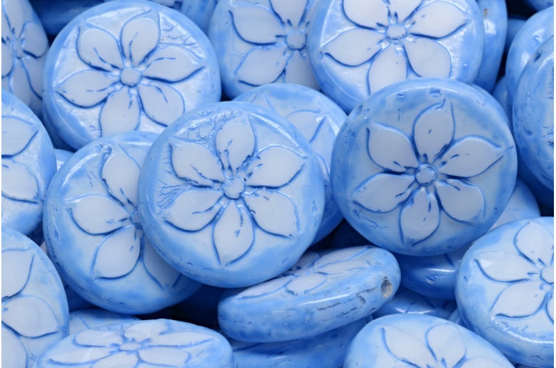 Table Cut Coin Flower Beads, Chalk White Blue Spotted (03000-33308), Glass, Czech Republic