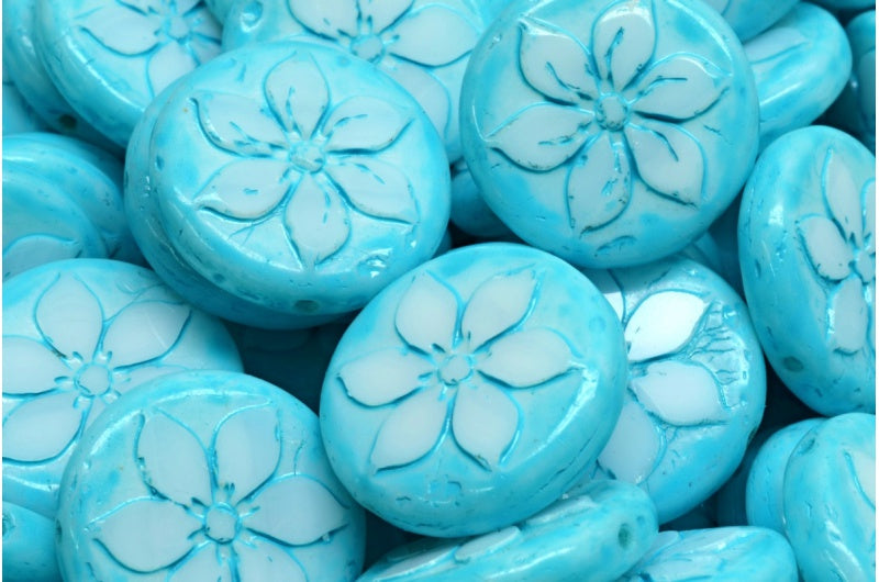 Table Cut Coin Flower Beads, Chalk White Turqouise Spotted (03000-33309), Glass, Czech Republic