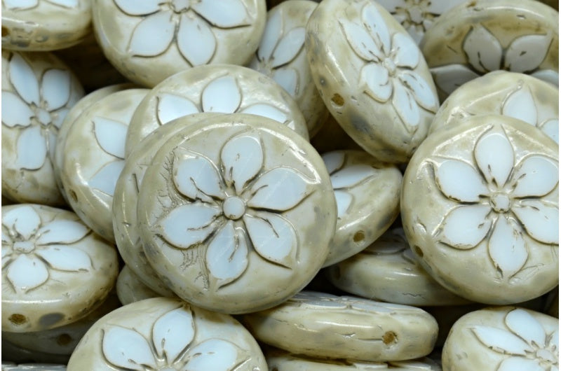 Table Cut Coin Flower Beads, Chalk White Beige Spotted (03000-33312), Glass, Czech Republic