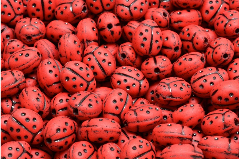 テントウムシビーズ、赤マットブラックライン(93180-84100-46441)、ガラス、チェコ共和国