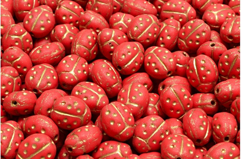 テントウムシビーズ、赤マットゴールドライン(93180-84100-54302)、ガラス、チェコ共和国