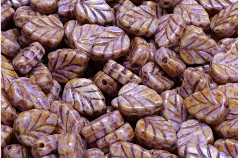 OUTLET 10 grams Mint Leaf Beads, 10 x 8 mm, White Travertin Puprple (02010-65328), Glass, Czech Republic