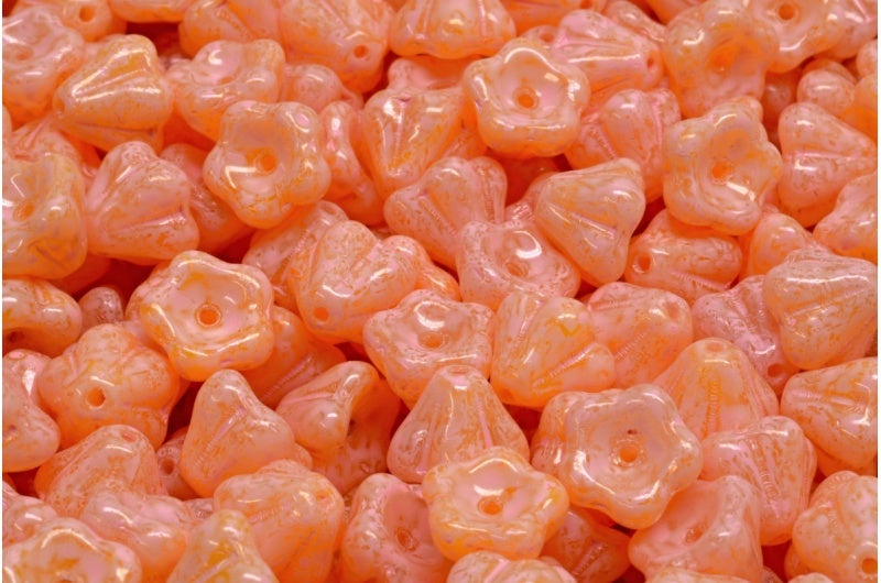 OUTLET 10 grams Bell Flower Beads, 6 x 8 mm, Yellow Opal Mix Warm Purple Spotted (R0813-33304), Glass, Czech Republic