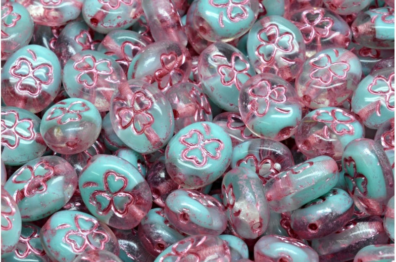 Shamrock Oval Beads, Teal Pink Lined (56218-54321), Glass, Czech Republic