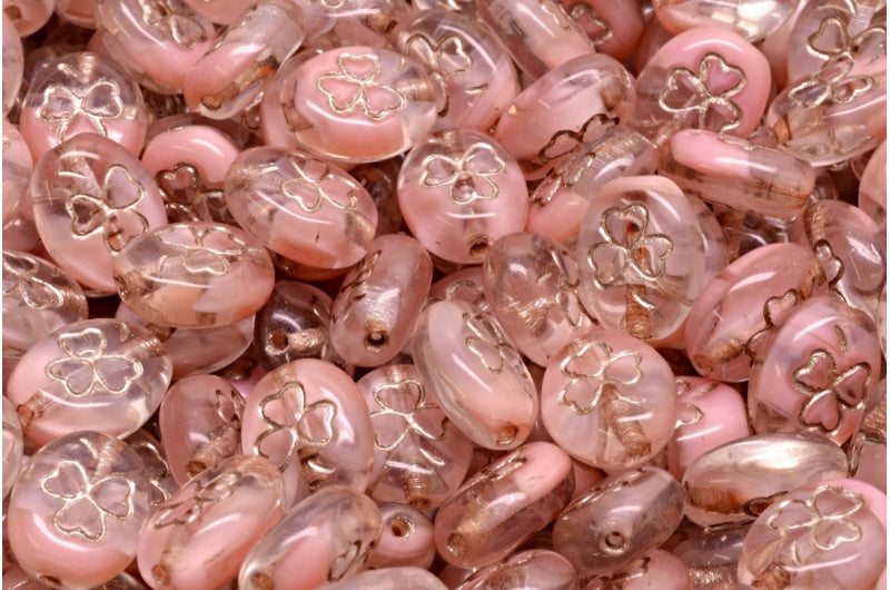 Shamrock Oval Beads, Pink Copper Lined (R0742-54324), Glass, Czech Republic
