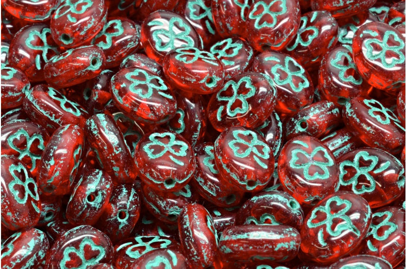 シャムロックオーバルビーズ、ライトサイアムティールライン(90070-54316)、ガラス、チェコ共和国