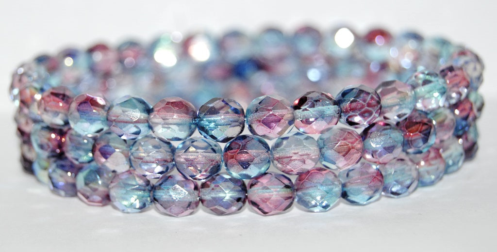 Fire Polished Round Faceted Beads, Glossy Red Blue (48113), Glass, Czech Republic ~ STRANDED