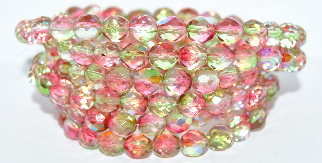 Fire Polished Round Faceted Beads, Glossy Orange Green (48117), Glass, Czech Republic ~ STRANDED