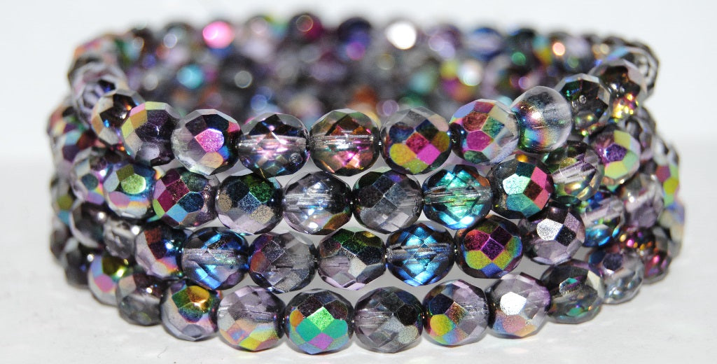 Fire Polished Round Faceted Beads, Purple Vitrail (95500), Glass, Czech Republic ~ STRANDED