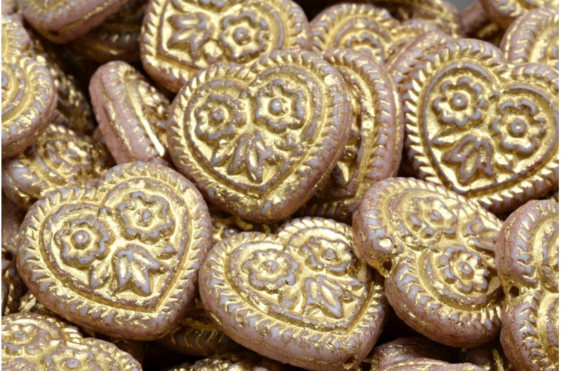 Heart With Folklore Flowers Beads, White Opal Gold Lined Light Pink (02020-54302-34304), Glass, Czech Republic