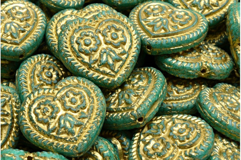 フォークロアの花のビーズが入ったハート、ホワイトオパールとゴールドのラインが入ったライトターコイズ(02020-54302-34309)、ガラス、チェコ共和国